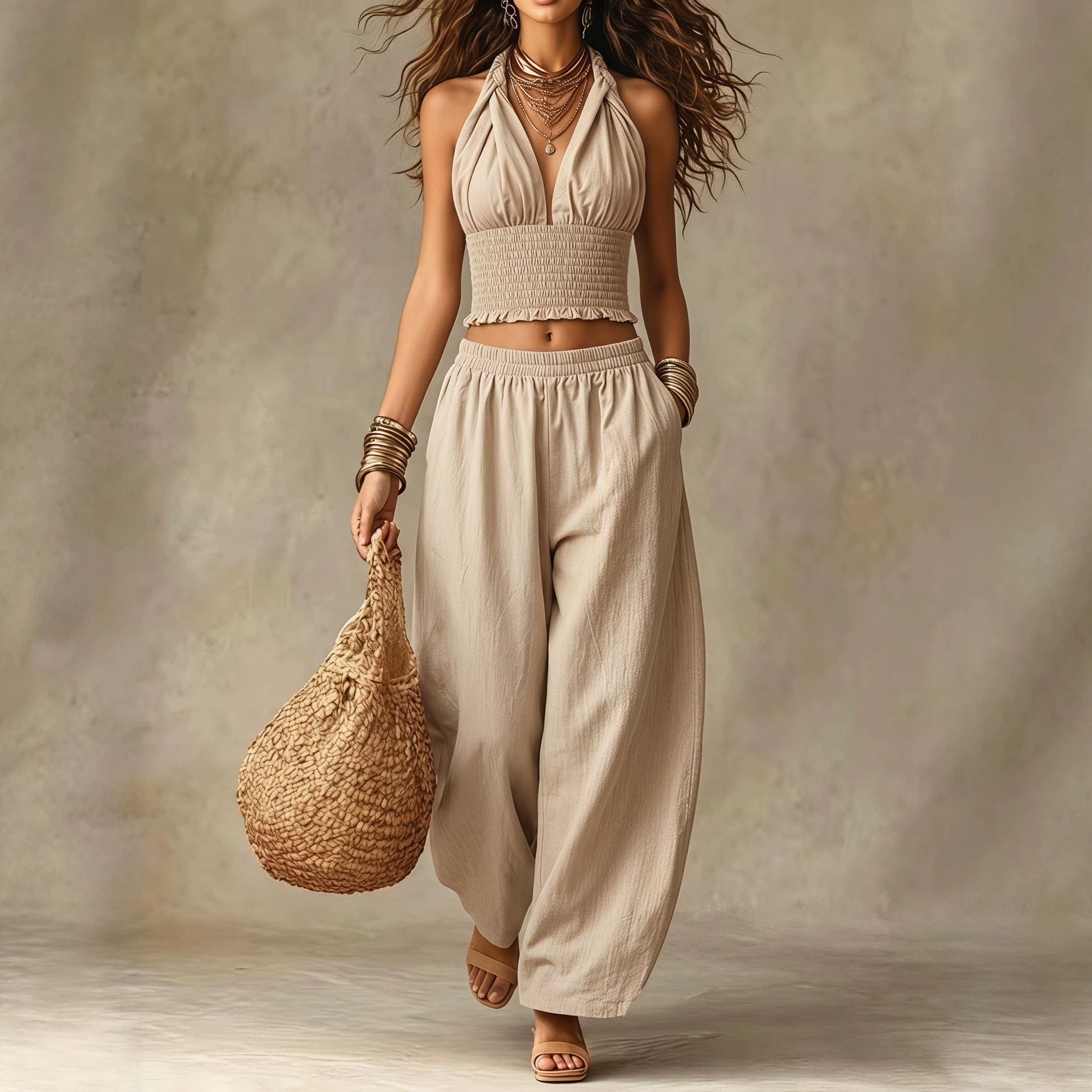 Conjunto Lino Dos Piezas Top Halter Cuello V y Pantalón Farol