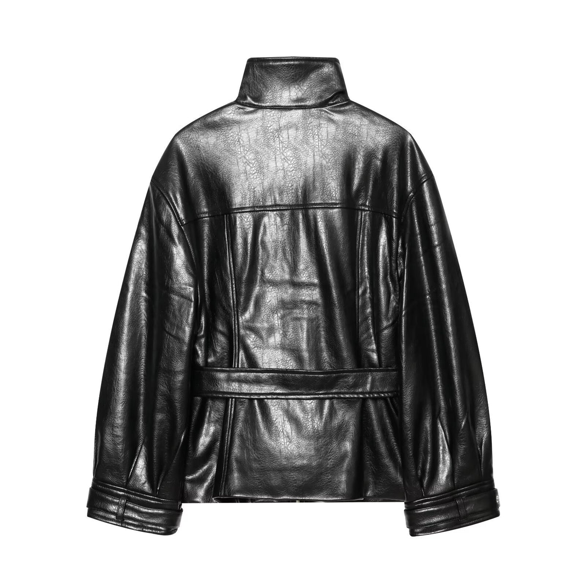 Casual waist belt PU leather lace up stand up collar long sleeved jacket