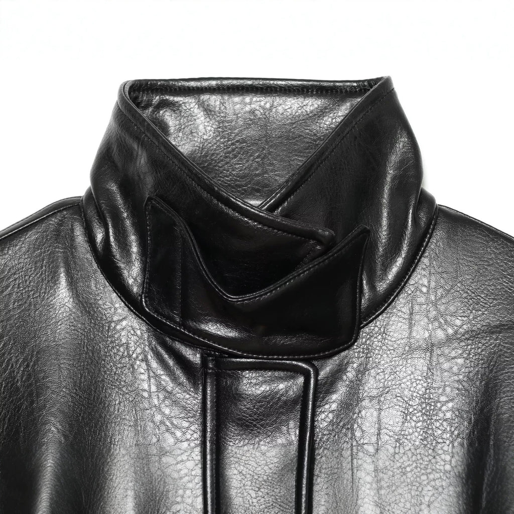 Casual waist belt PU leather lace up stand up collar long sleeved jacket