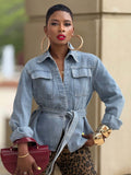 Casual Washed Short Denim Jacket with Pocketand Belted Fit