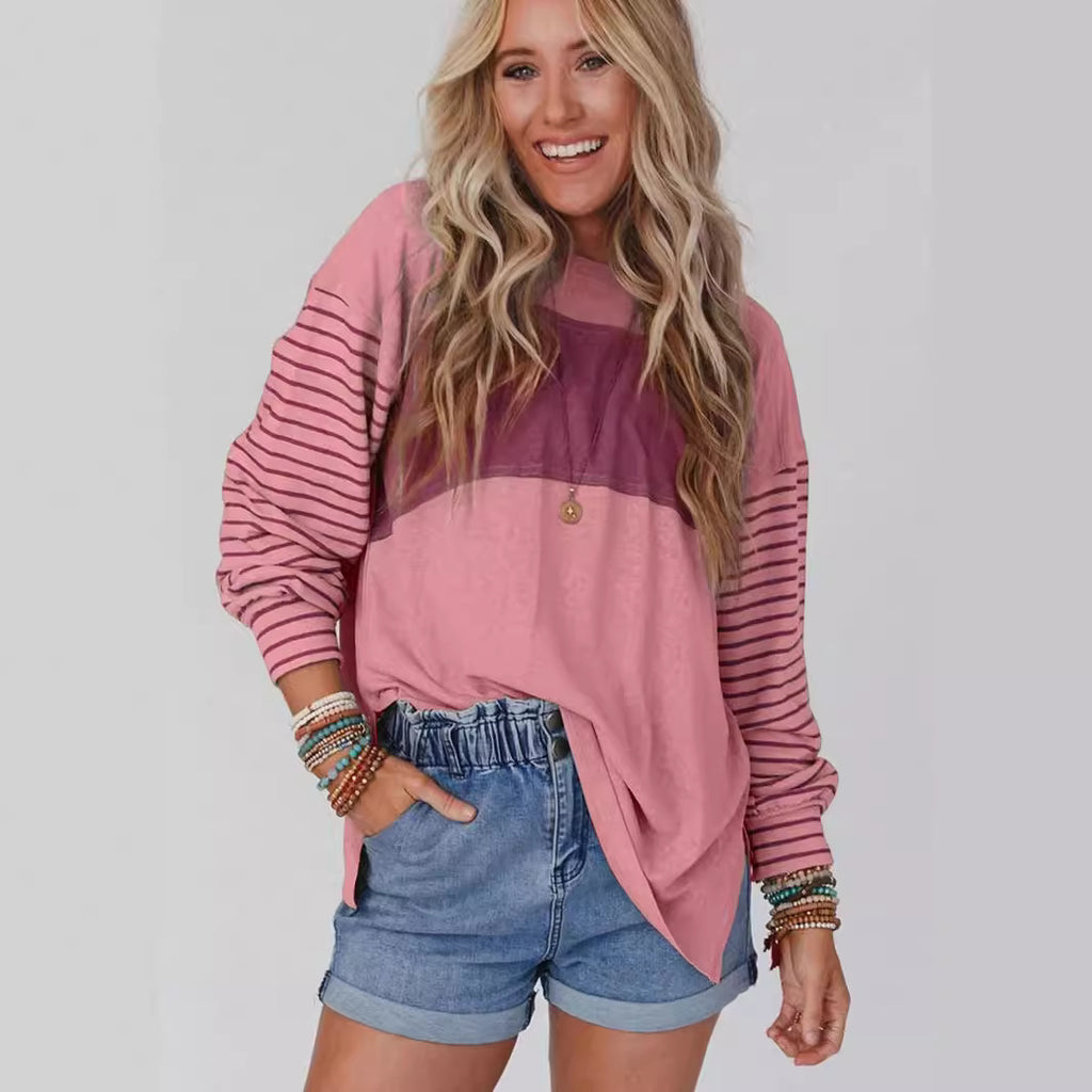 Camiseta Manga Larga Cuello Redondo con Bloques de Color y Rayas