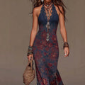 Vestido Bohemio Largo Sin Mangas Halter Cuello V Profundo con Encaje