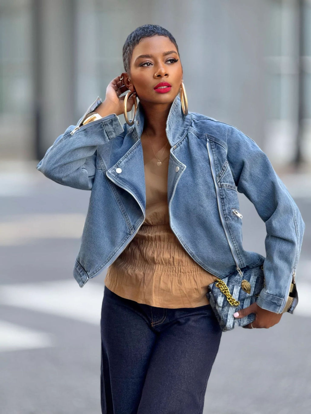 Motorcycle Style Turn-Down Collar Zipper Long Sleeve Denim Jacket