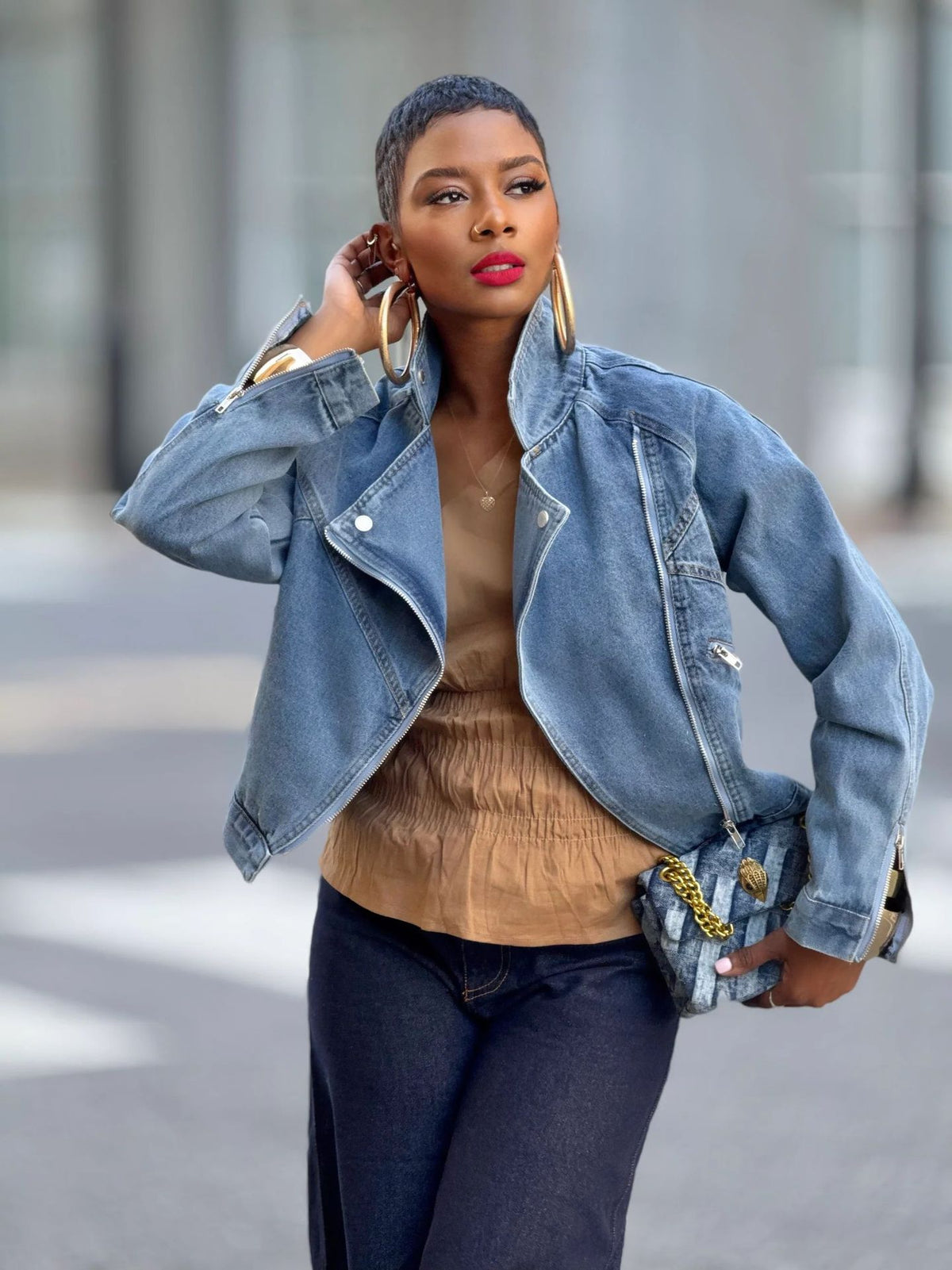Motorcycle Style Turn-Down Collar Zipper Long Sleeve Denim Jacket