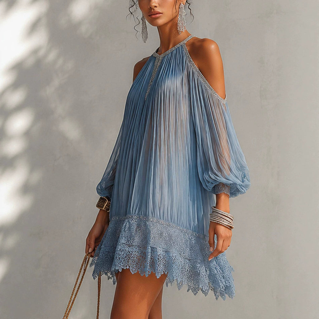 Vestido Chifón Largo con Volantes, Encaje y Mangas Burbuja