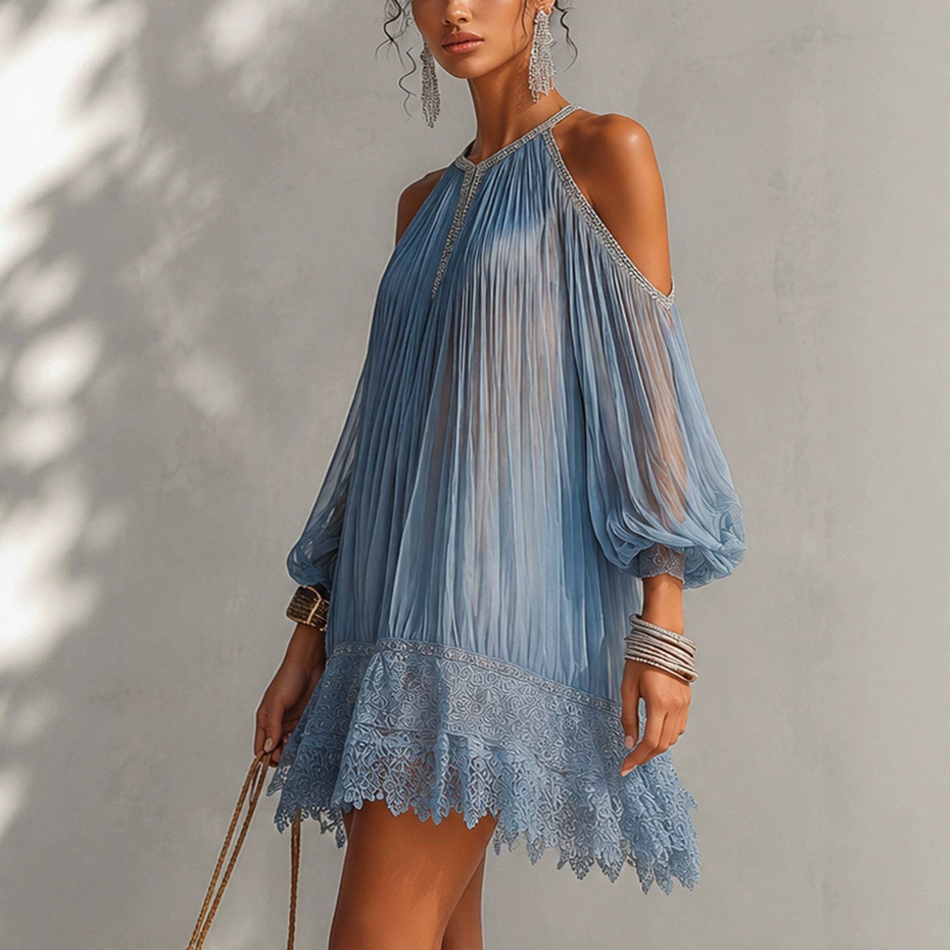 Vestido Chifón Largo con Volantes, Encaje y Mangas Burbuja