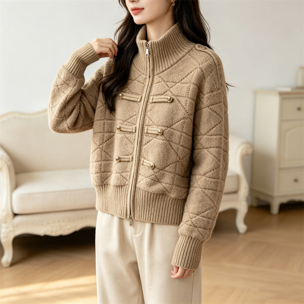 Stand up collar zipper cardigan sweater