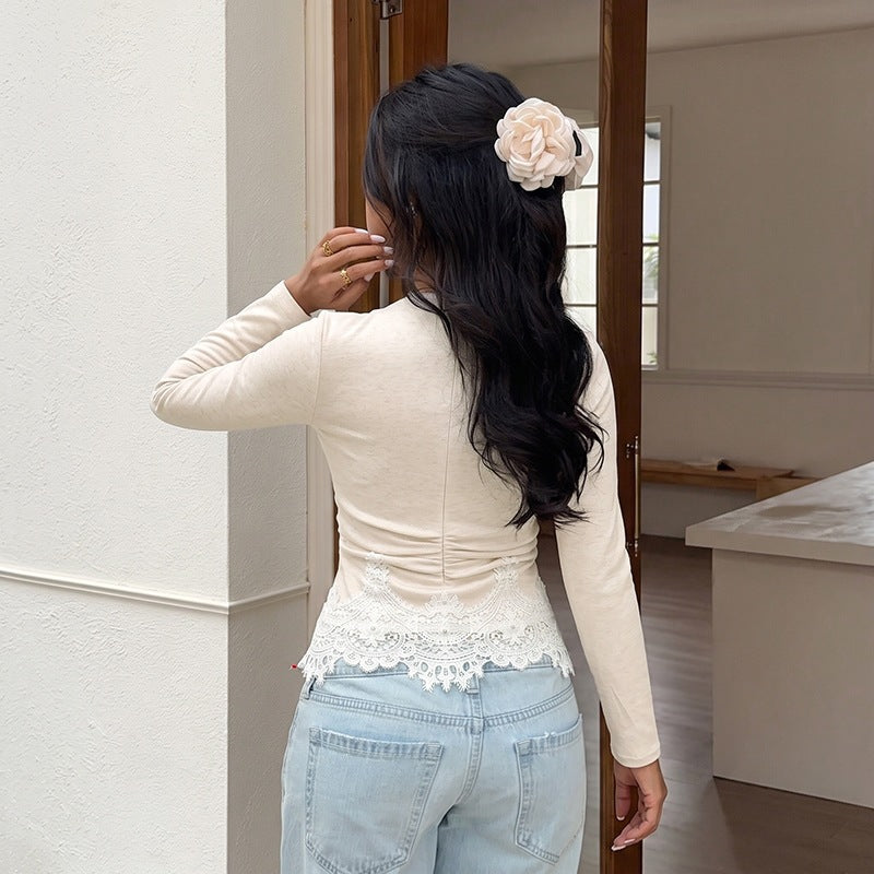 Top de Punto Slim Fit con Encaje, Manga Larga y Cierre de Cremallera