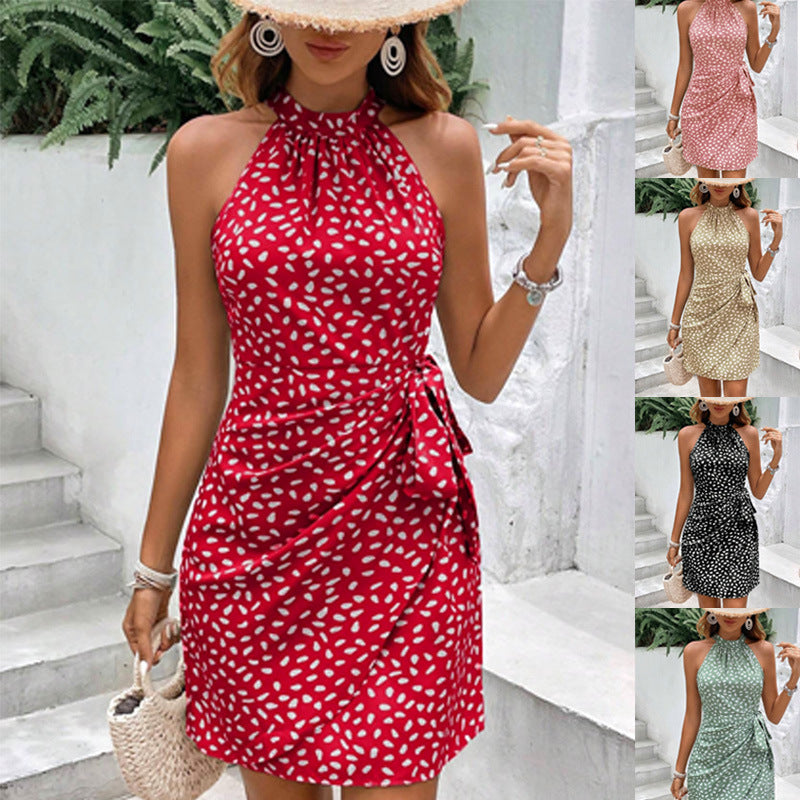 Vestido Mini Floral Sin Mangas con Cuello Halter, Fruncido y Cremallera