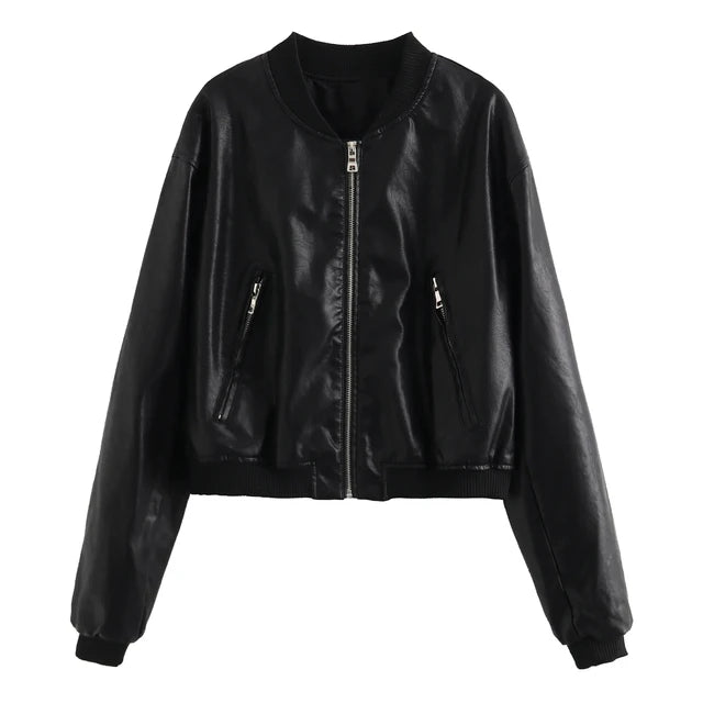 Chaqueta de Polipiel para Mujer con Cremallera, Estilo Aviador Y2K y Manga Larga
