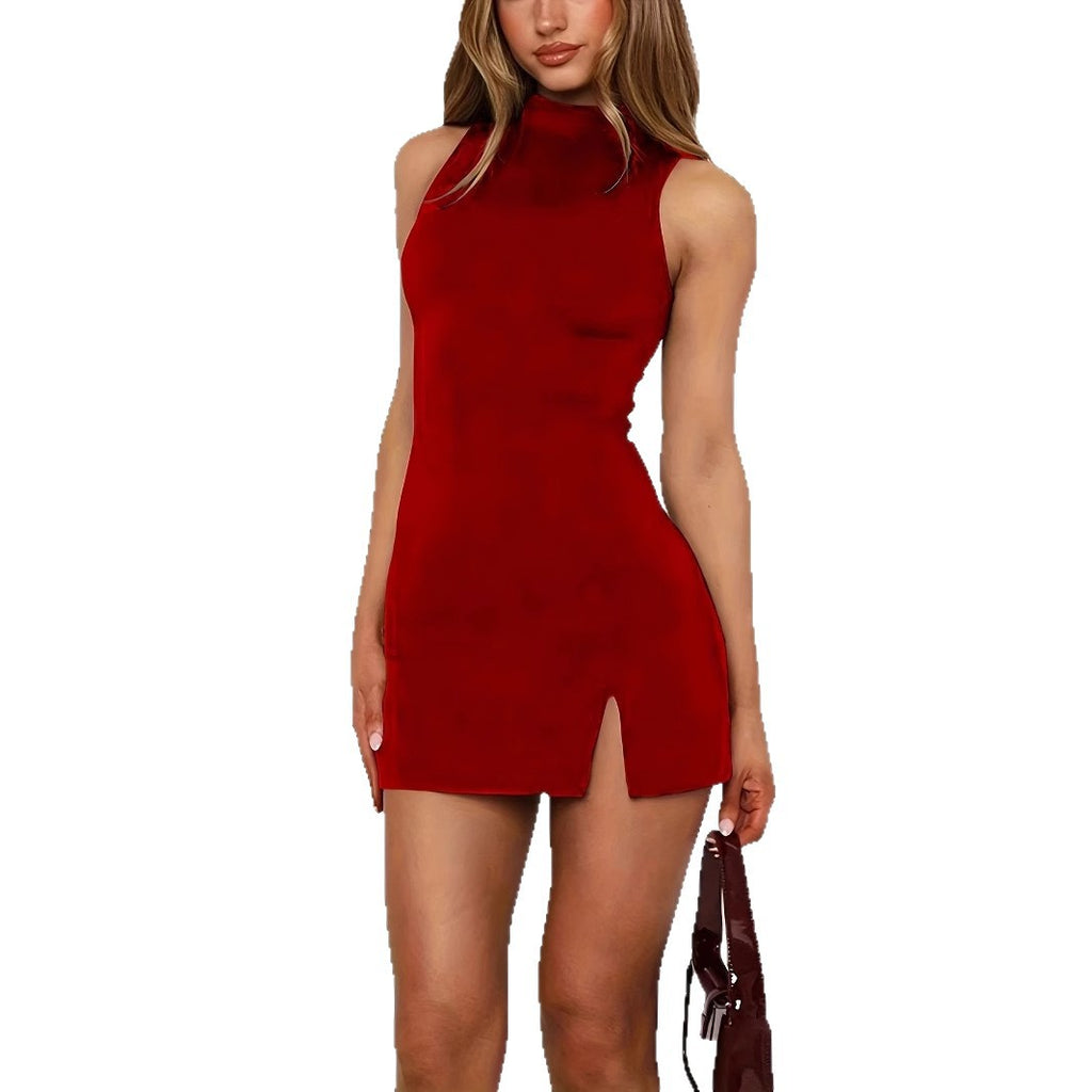 Vestido Elegante Sin Mangas con Costuras Decorativas y Color Liso