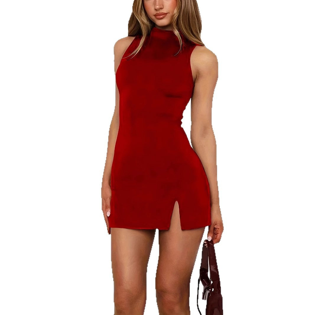 Vestido Elegante Sin Mangas con Costuras Decorativas y Color Liso
