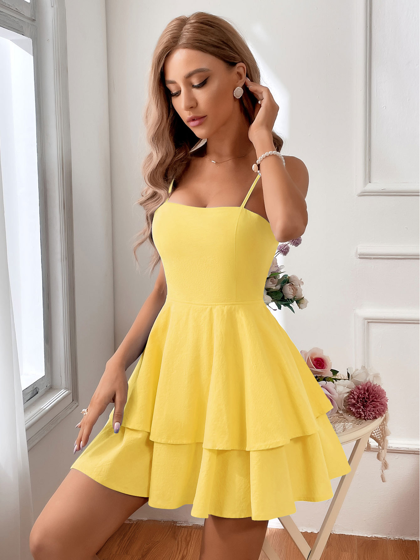 Vestido Corto Algodón Cuello Cuadrado con Tirantes y Lazo Talle Alto