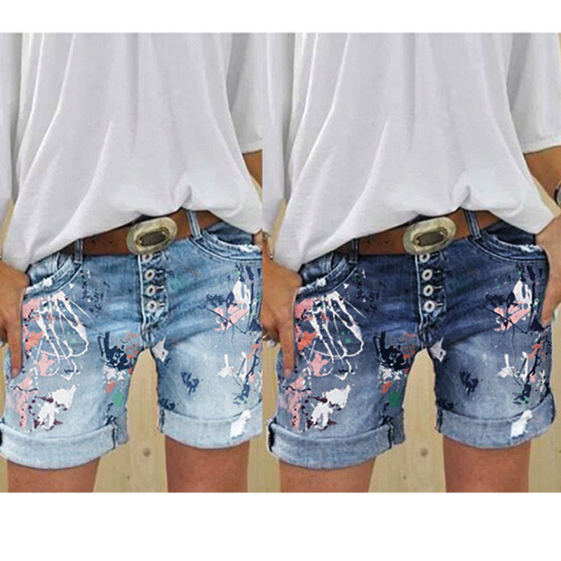 Short Vaquero Talle Alto Elástico con Estampado y Botón Talla Grande