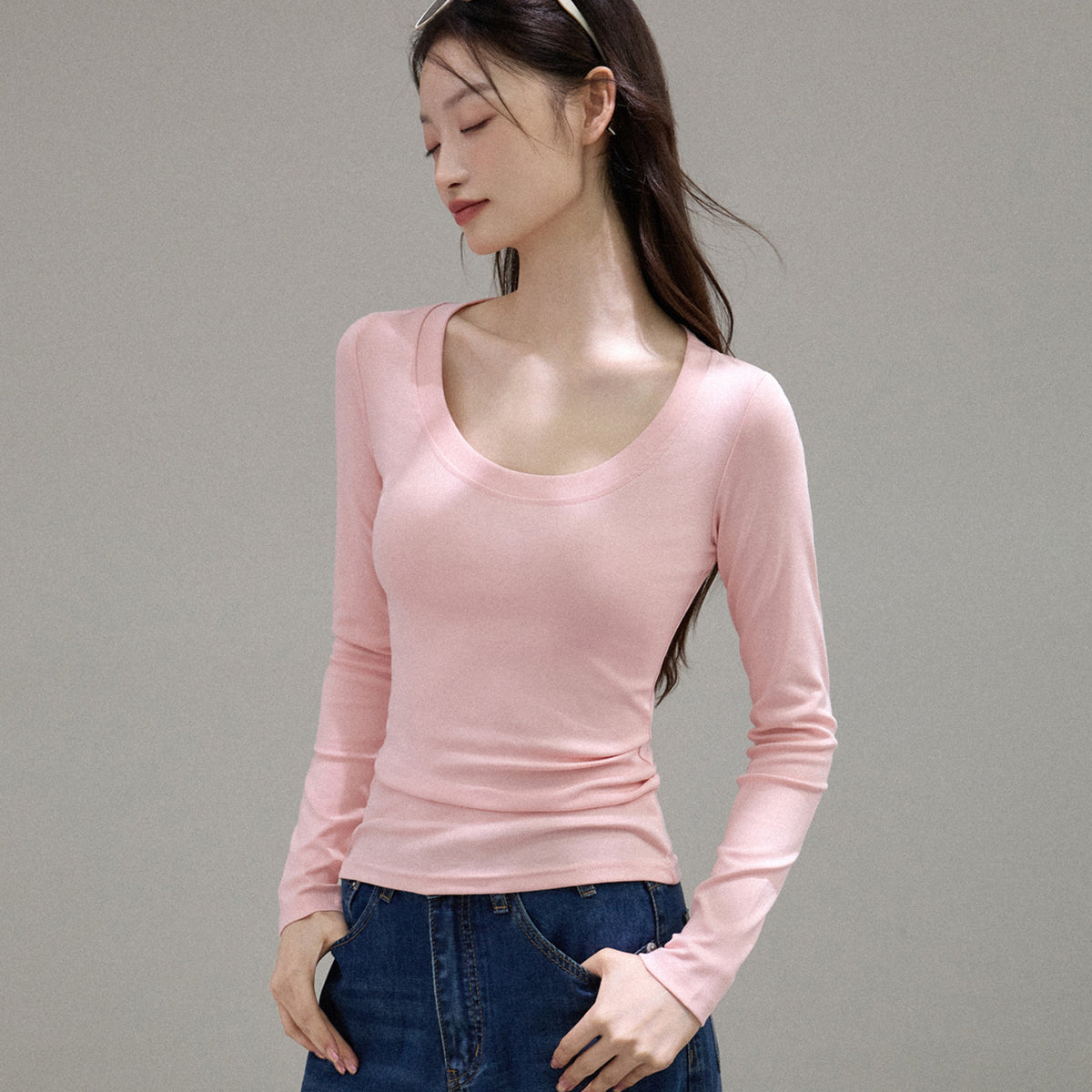 Camiseta de Manga Larga con Cuello U Amplio para Mujer