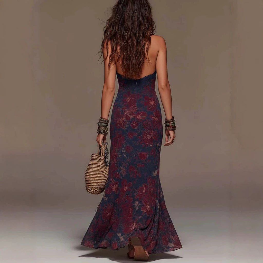 Vestido Bohemio Largo Sin Mangas Halter Cuello V Profundo con Encaje