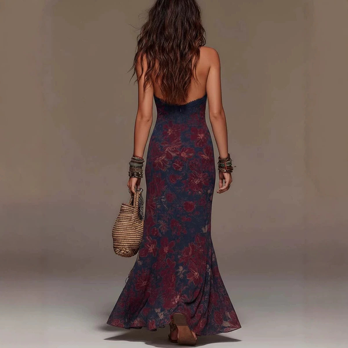 Vestido Bohemio Largo Sin Mangas Halter Cuello V Profundo con Encaje