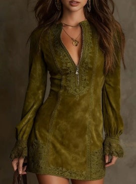 Vestido Midi Elegante Manga Larga con Cremallera y Ribete de Encaje