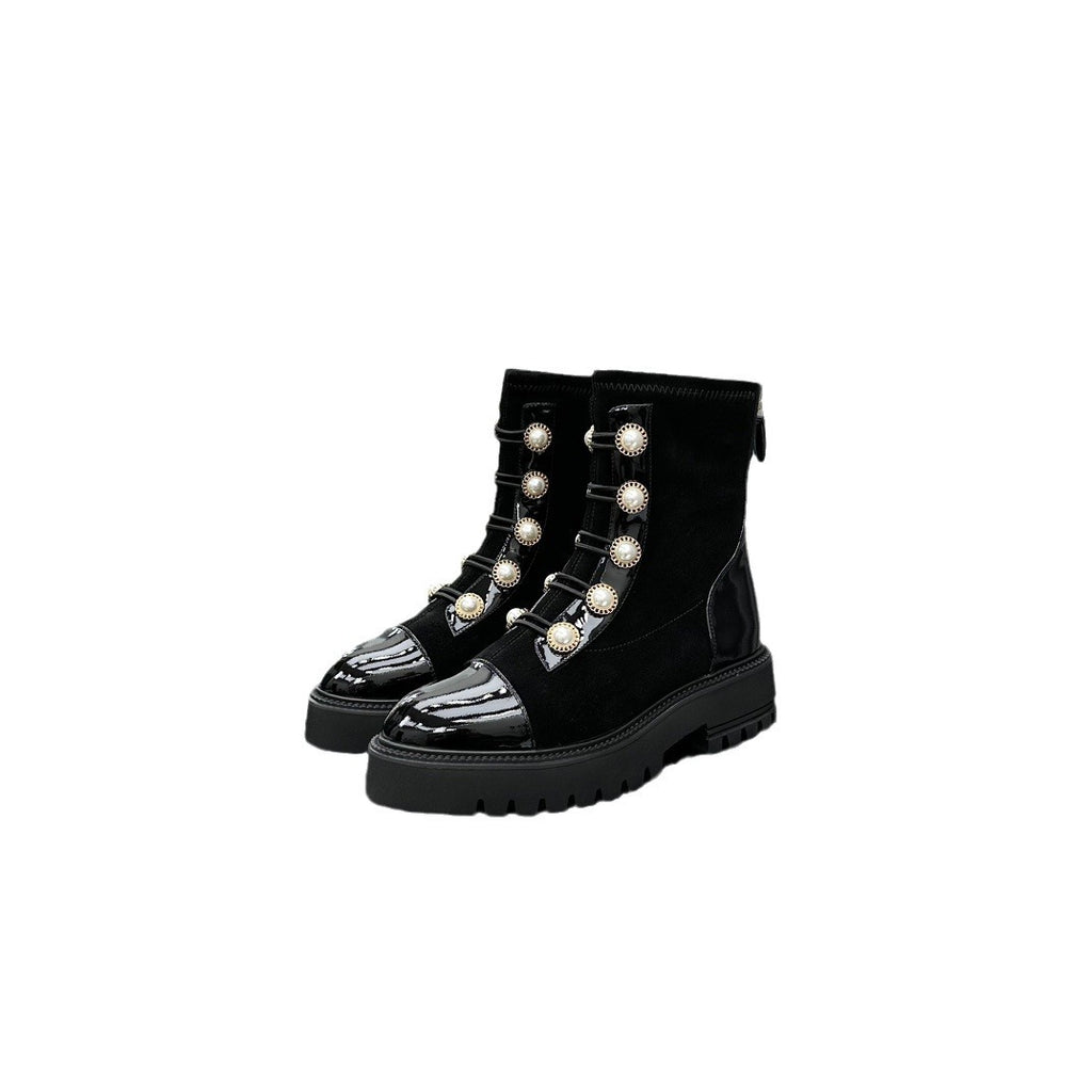 Botines negros de mujer con plataforma y decoración de perlas, de estilo motero para invierno