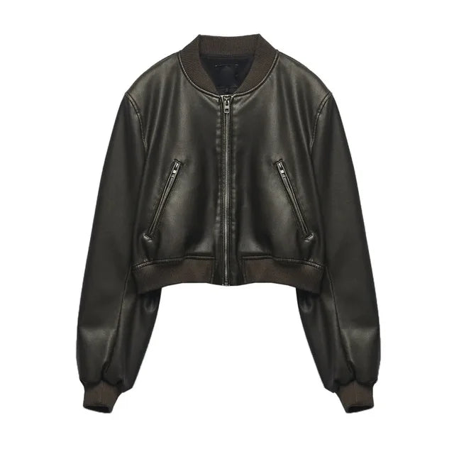 Chaqueta de Polipiel para Mujer con Cremallera, Estilo Aviador Y2K y Manga Larga