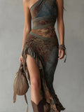 Retro Patchwork Printed Asymmetric Long Dress Slim Fit High Slit Dress