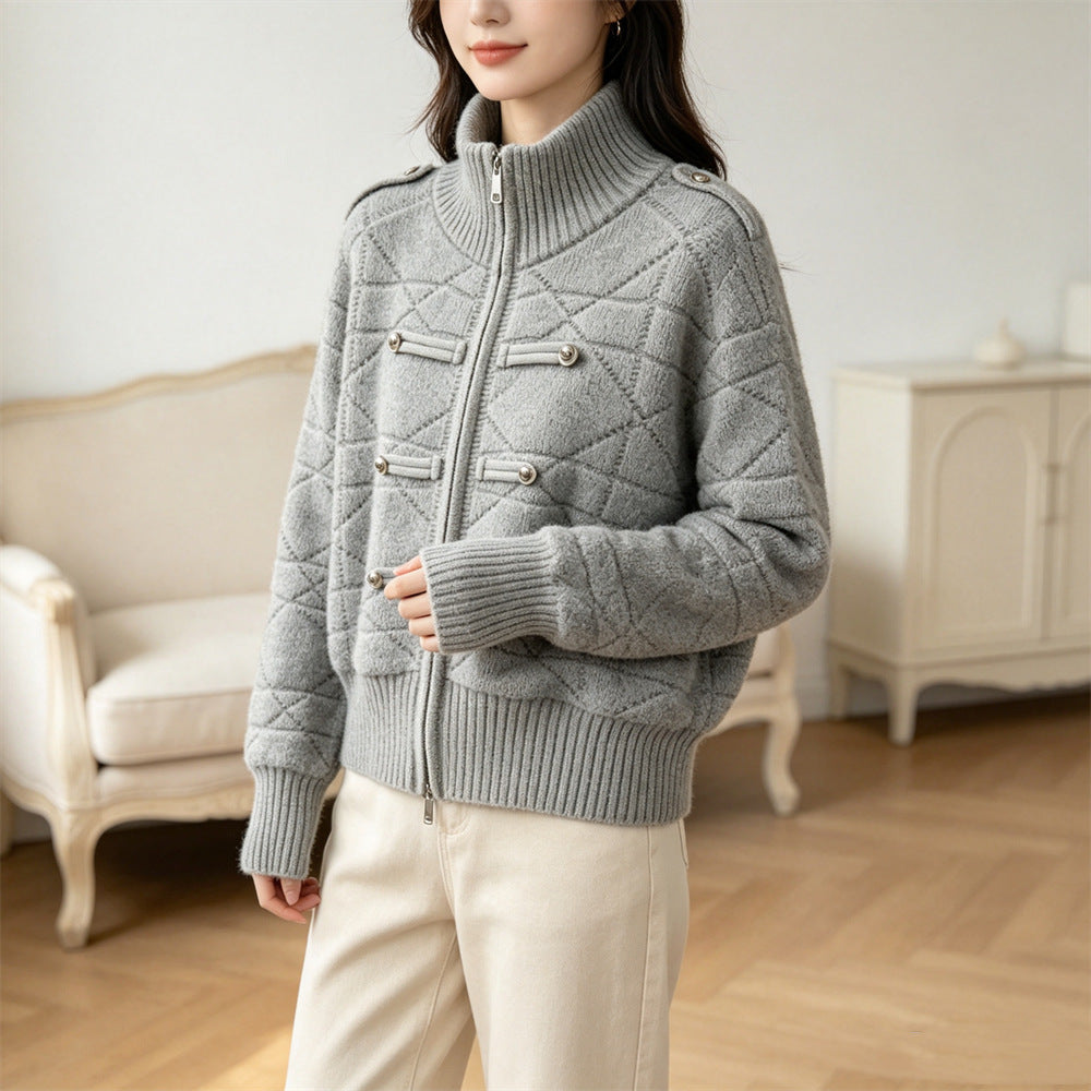 Stand up collar zipper cardigan sweater