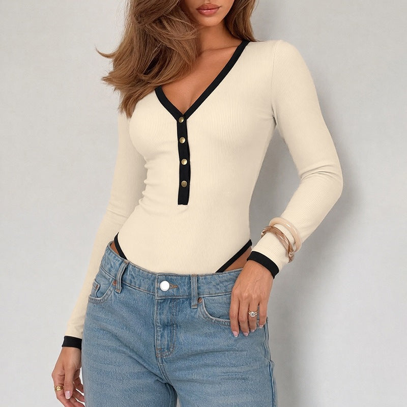 Mono Slim Fit de Manga Larga con Cuello en V y Bloques de Color