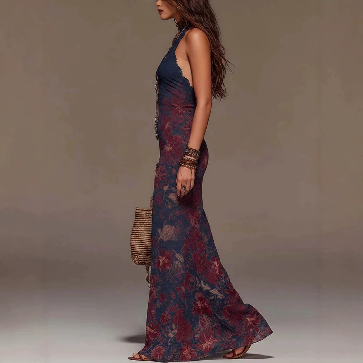 Vestido Bohemio Largo Sin Mangas Halter Cuello V Profundo con Encaje