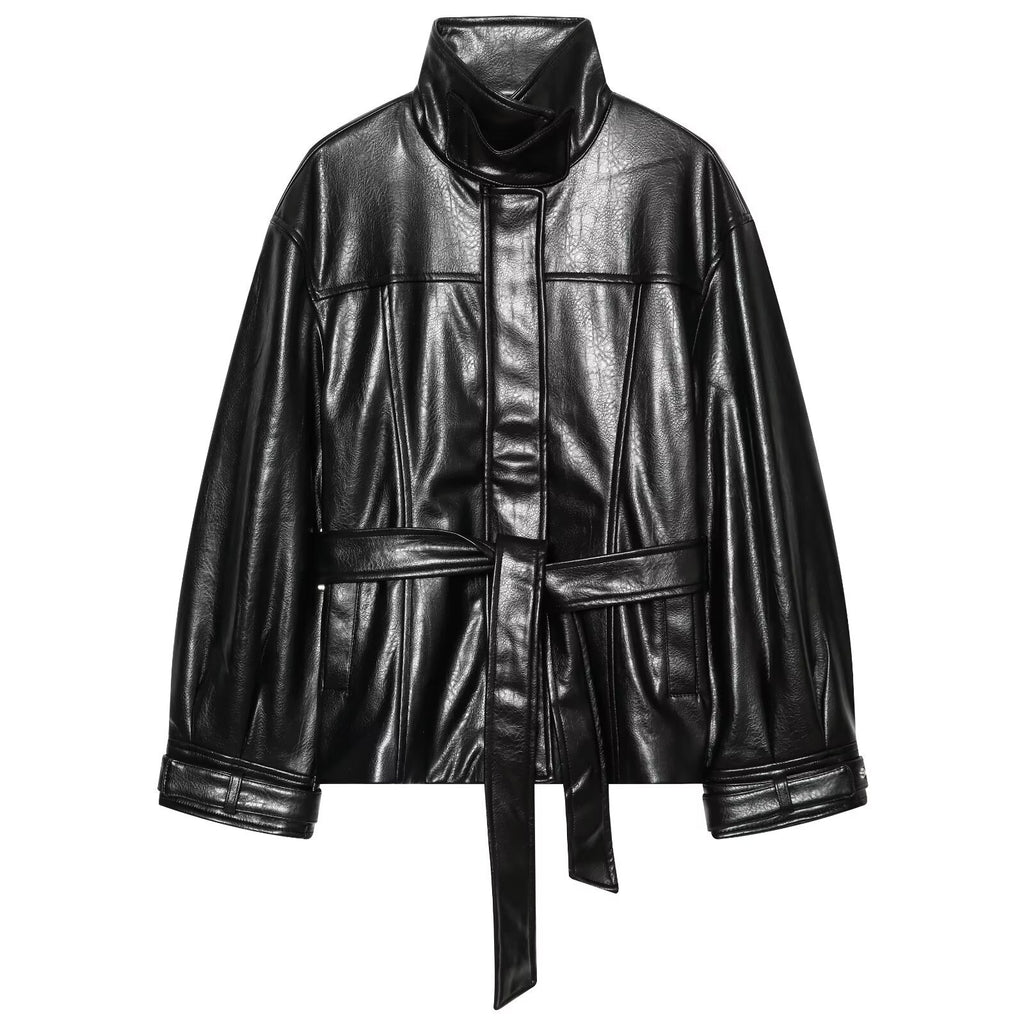 Casual waist belt PU leather lace up stand up collar long sleeved jacket