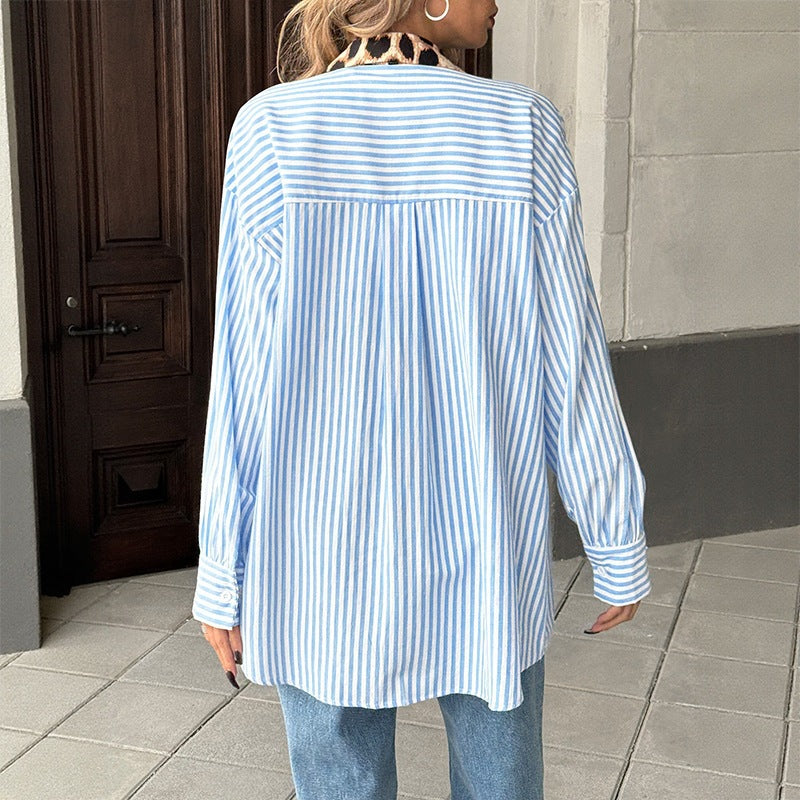 Camisa Casual con Estampado de Rayas y Patchwork para Mujer