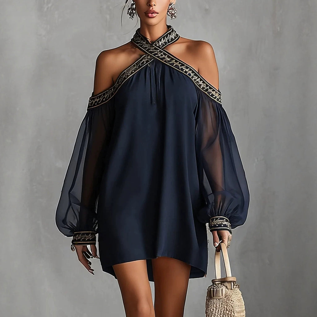 Vestido Resort Bordado Palabra de Honor con Manga Farol Transparente