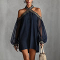 Vestido Resort Bordado Palabra de Honor con Manga Farol Transparente