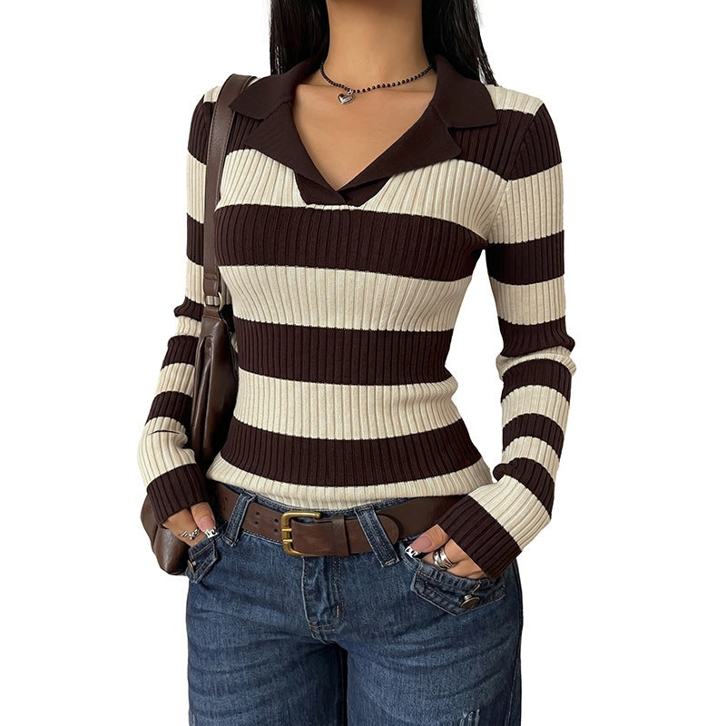 Jersey de Punto Casual Retro con Rayas, Manga Larga y Cuello Solapas