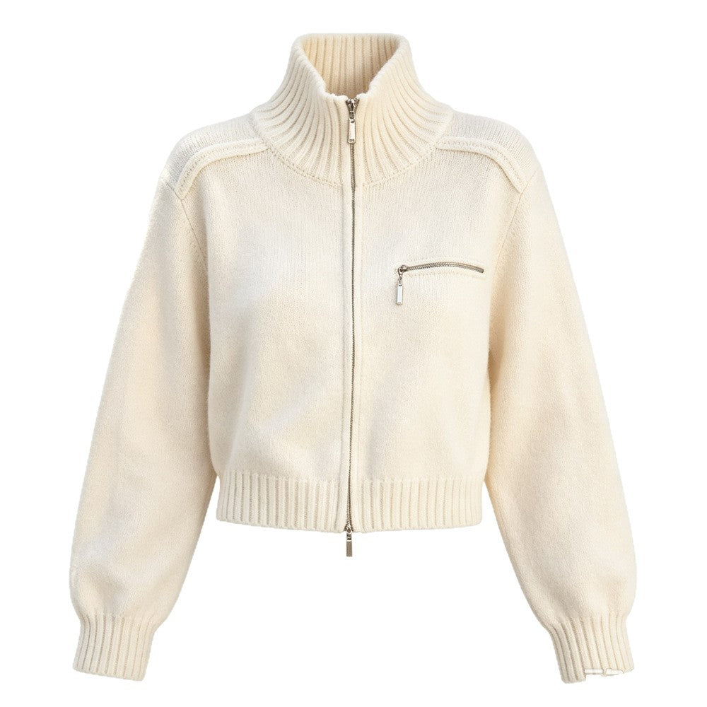 Western Style Knitted Zip Front Stand Collar Cropped Cardigan for Women