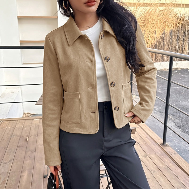 Chaqueta Corta Vintage de Manga Larga con Cuello Solapas y Corte Holgado