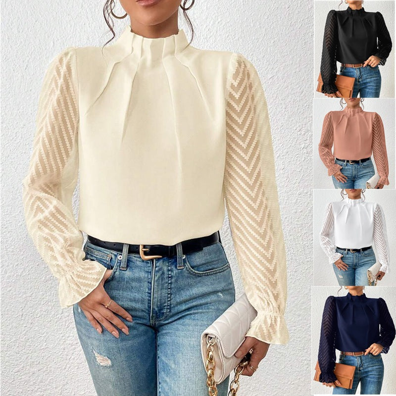 Top Manga Larga Cuello Alto con Estampado de Ondas y Chifón