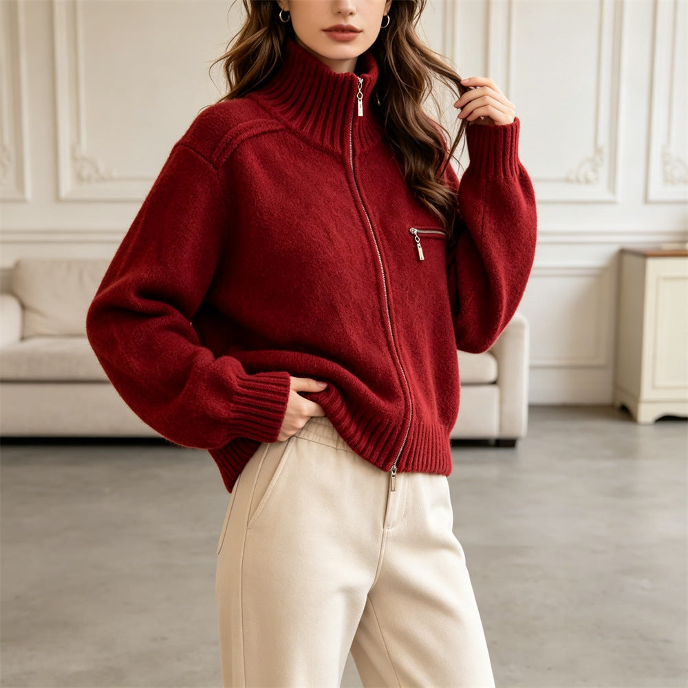 Western Style Knitted Zip Front Stand Collar Cropped Cardigan for Women