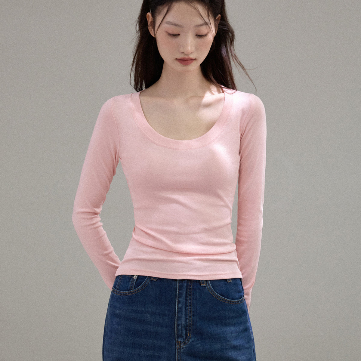 Camiseta de Manga Larga con Cuello U Amplio para Mujer