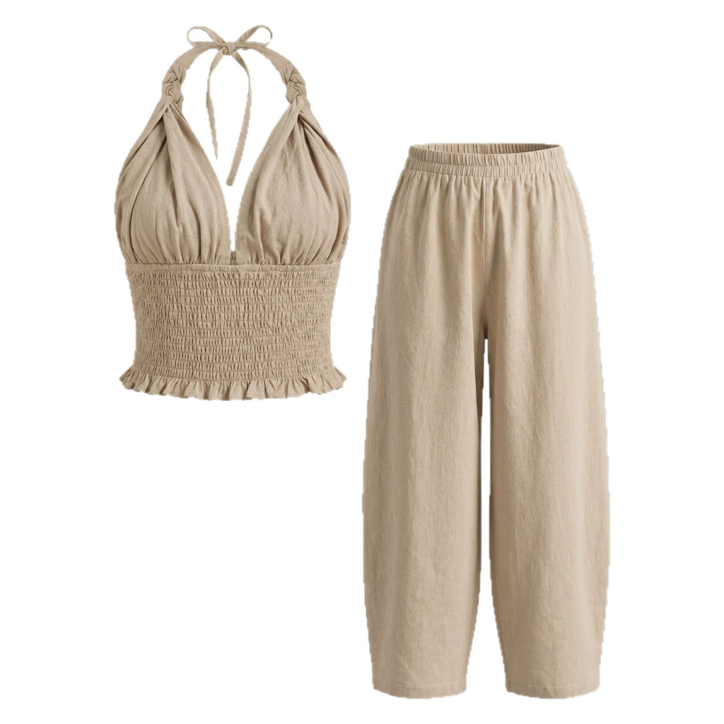 Conjunto Lino Dos Piezas Top Halter Cuello V y Pantalón Farol