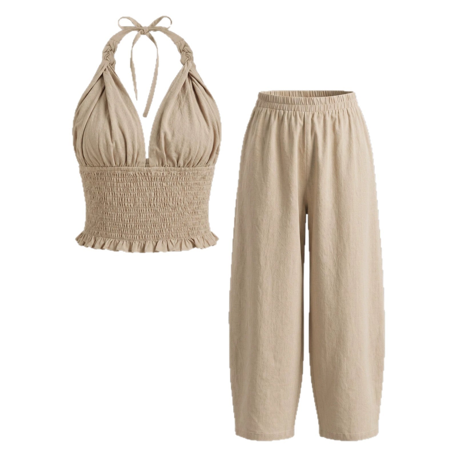 Conjunto Lino Dos Piezas Top Halter Cuello V y Pantalón Farol