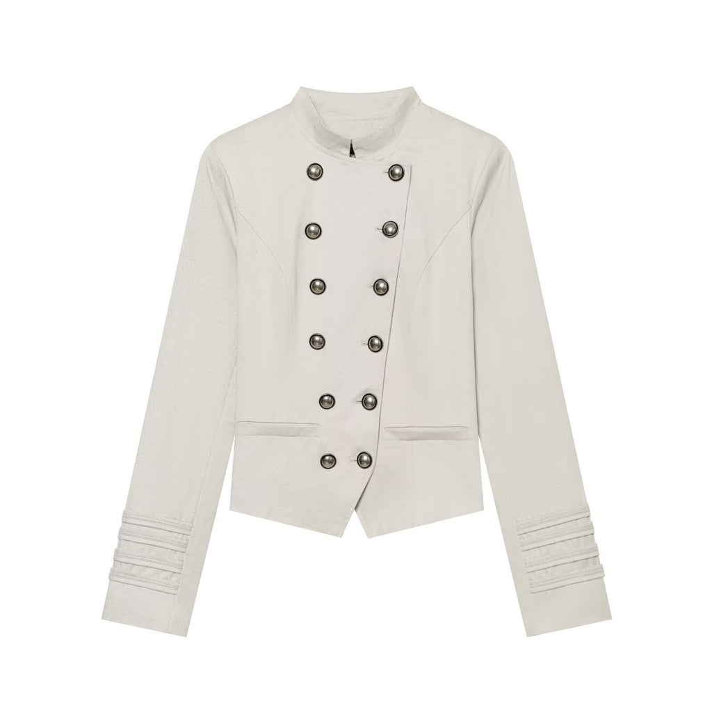 Double row metal buckle stand up collar jacket