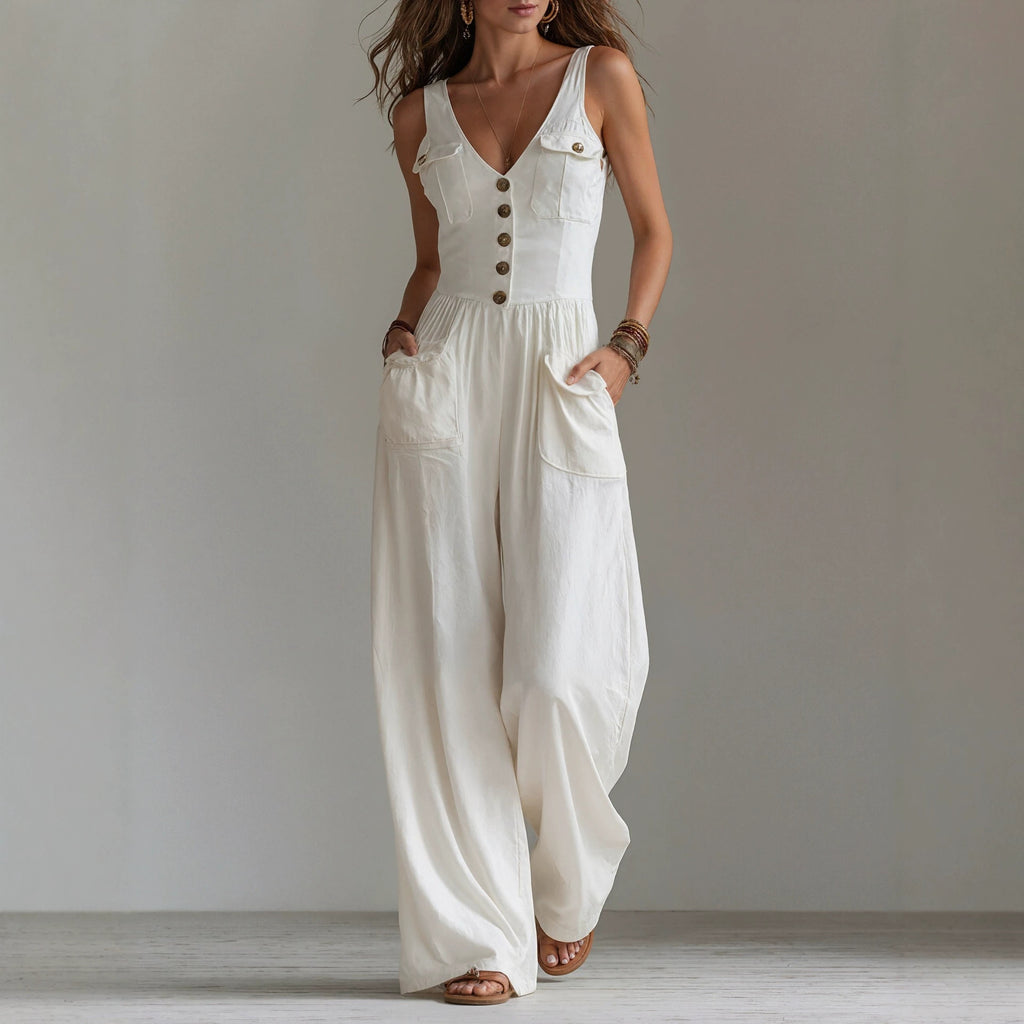 Mono Mujer Sin Mangas Cuello V con Bolsillos y Talle Alto
