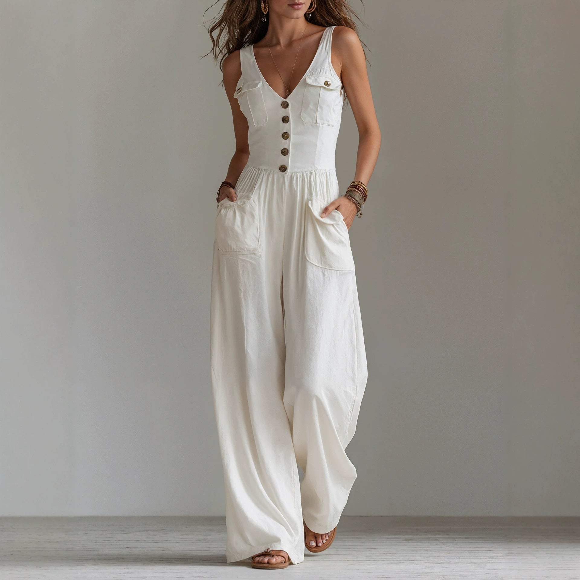 Mono Mujer Sin Mangas Cuello V con Bolsillos y Talle Alto