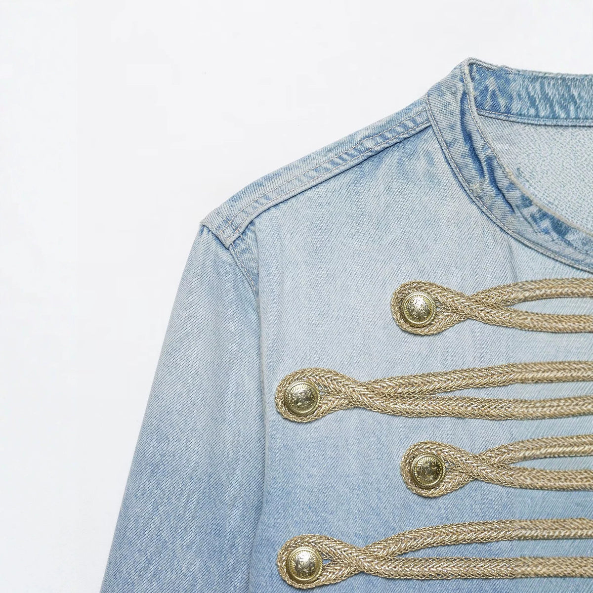 Chaqueta Vaquera Casual con Cuello Mao y Botones de Nudo Decorativos para Mujer