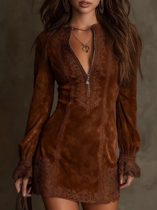 Vestido Midi Elegante Manga Larga con Cremallera y Ribete de Encaje