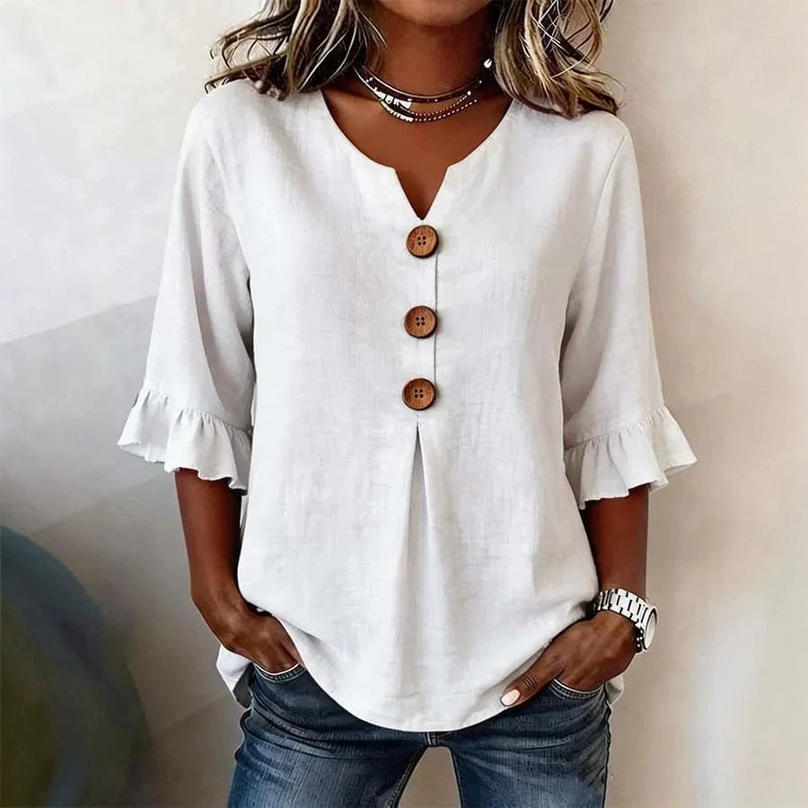 Blusa Lino-Algodón Cuello V con Botones para Verano