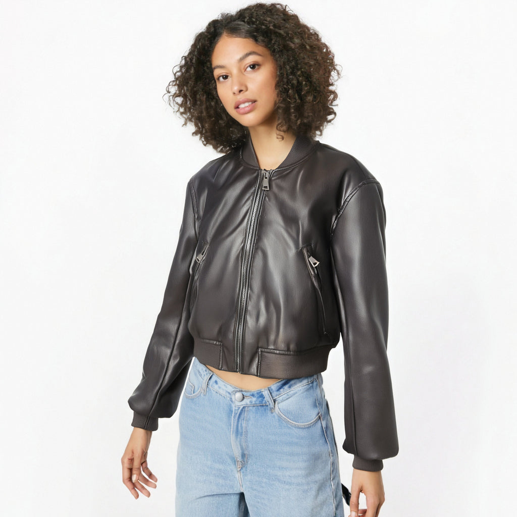 Chaqueta de Polipiel para Mujer con Cremallera, Estilo Aviador Y2K y Manga Larga