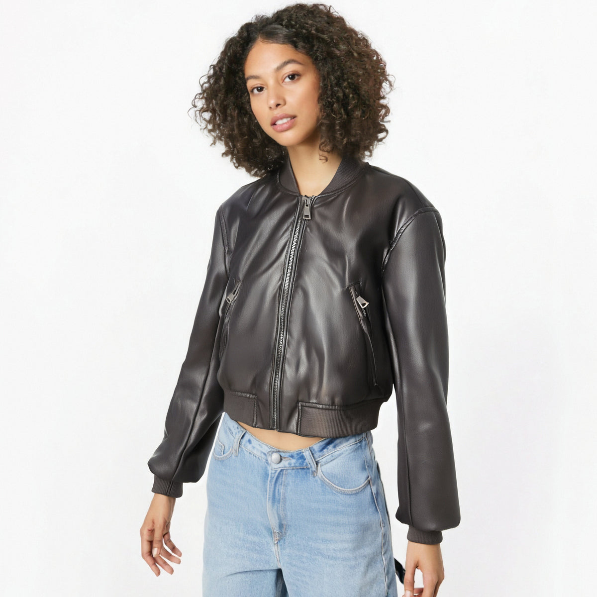 Chaqueta de Polipiel para Mujer con Cremallera, Estilo Aviador Y2K y Manga Larga