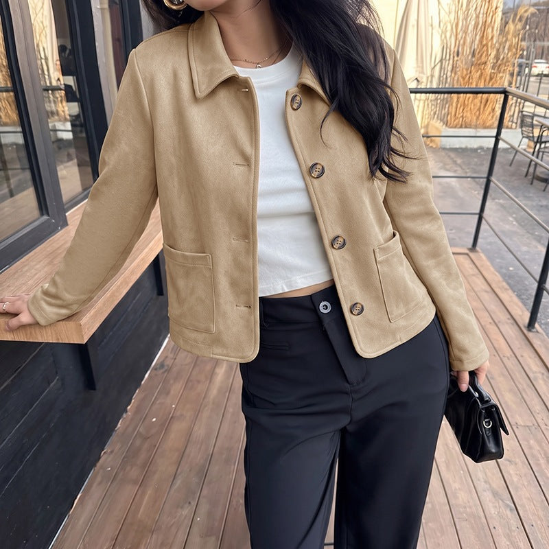 Chaqueta Corta Vintage de Manga Larga con Cuello Solapas y Corte Holgado