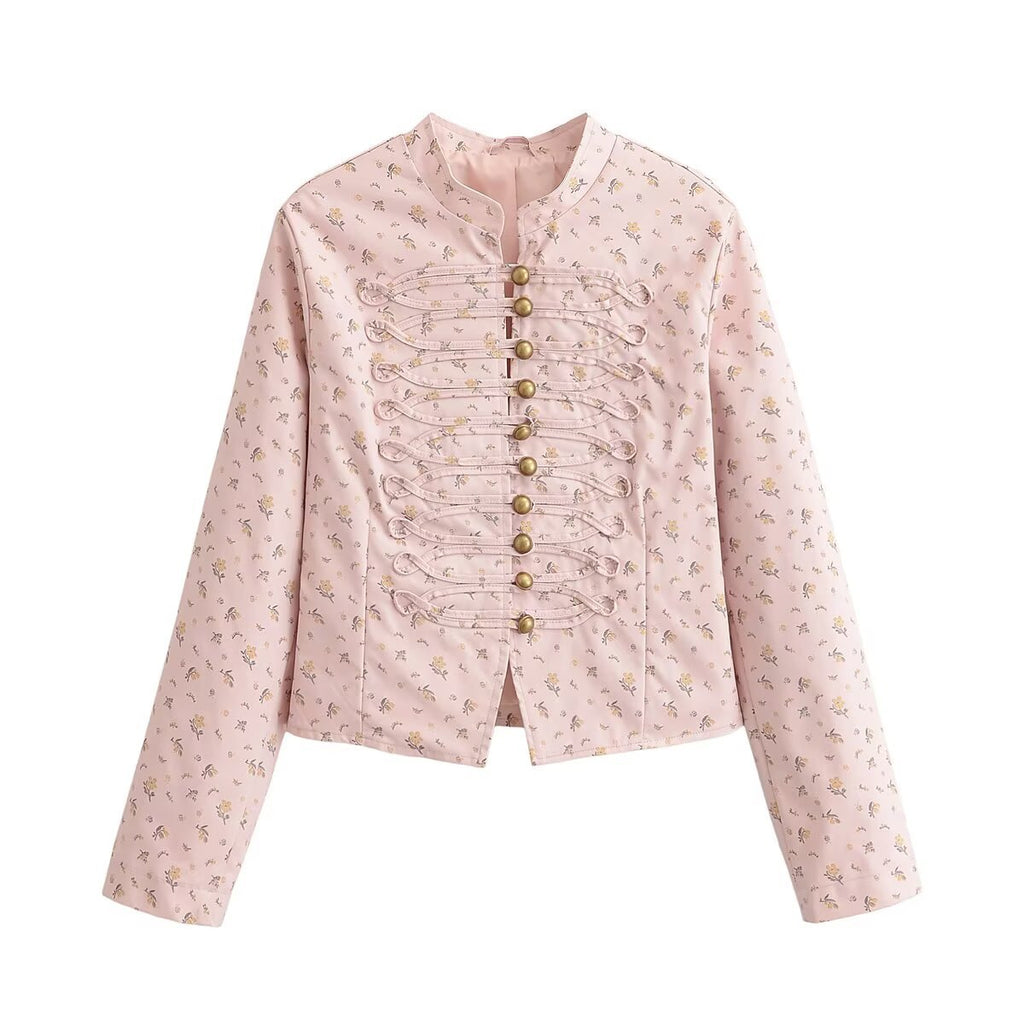 Chaqueta con Estampado Floral Pequeño y Botones de Nudo Decorativos